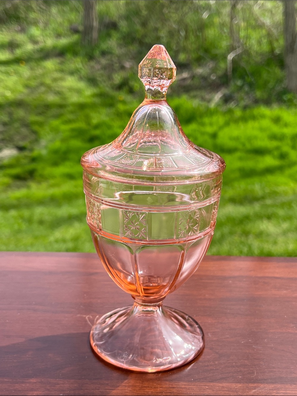Antique Art Deco Pink Sapphire Glass Lidded Dish American Made Apothecary Jar